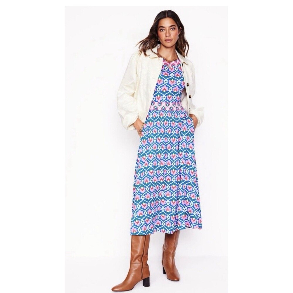 Boden Melanie Midi Dress 4P Blue Pink Floral Fit Flare Pockets Petite 4 Artsy